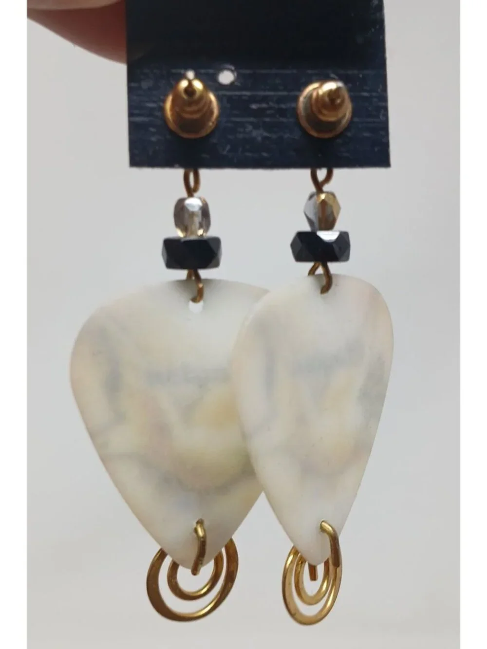 Clayton Guitar Pick Earrings Dove GoldTone Swirls Black Beads Handmade #J1-P